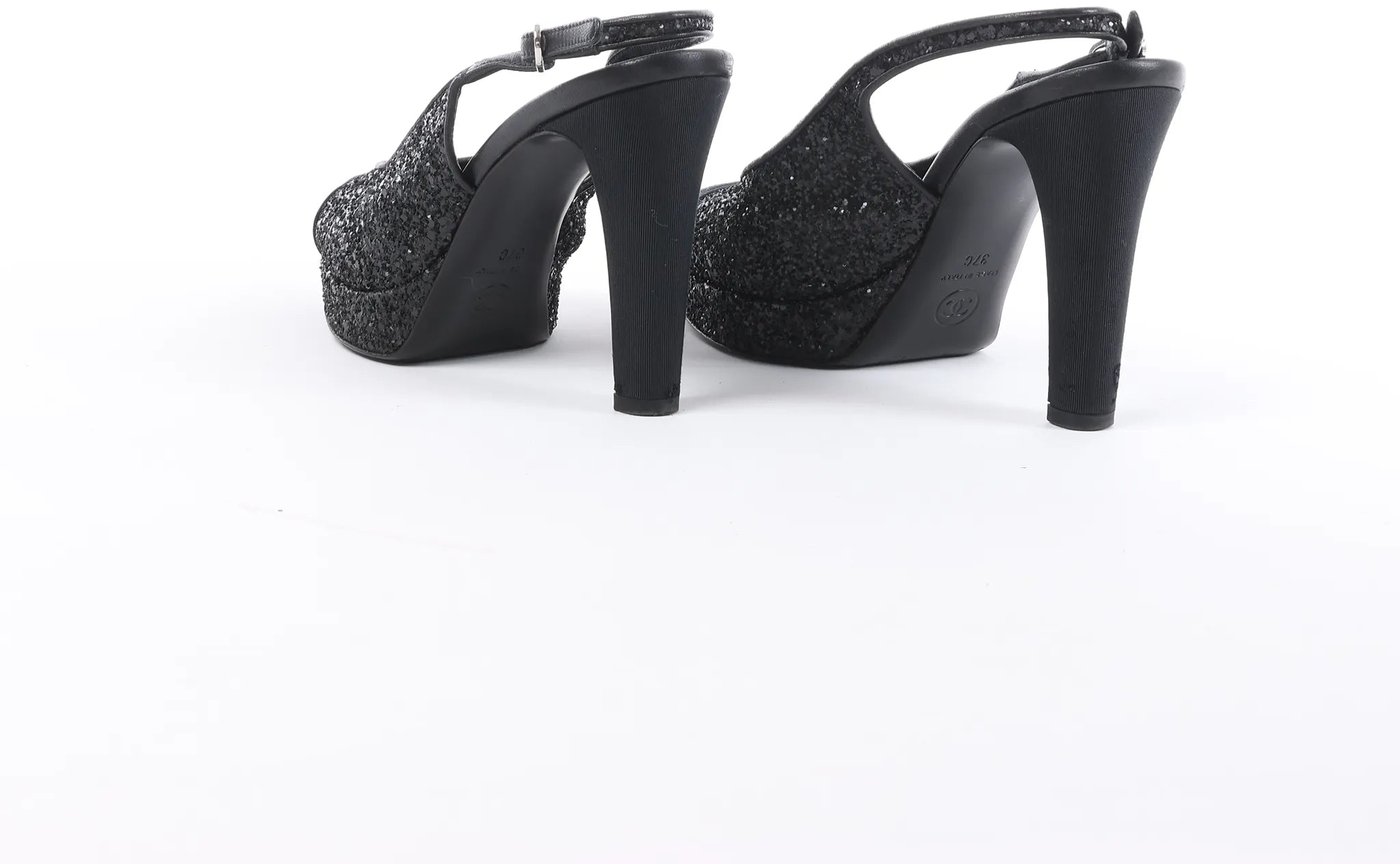 Chanel Coco Mark Leather x Glitter Heels in Black G37586, Size EU 37 C