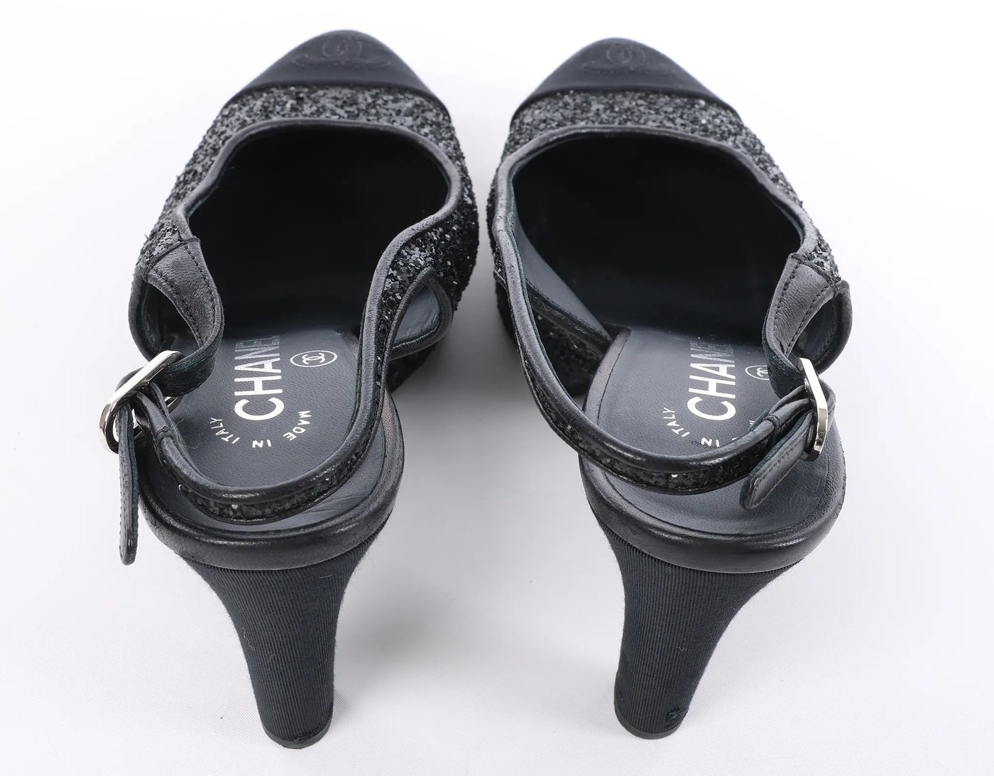 Chanel Coco Mark Leather x Glitter Heels in Black G37586, Size EU 37 C