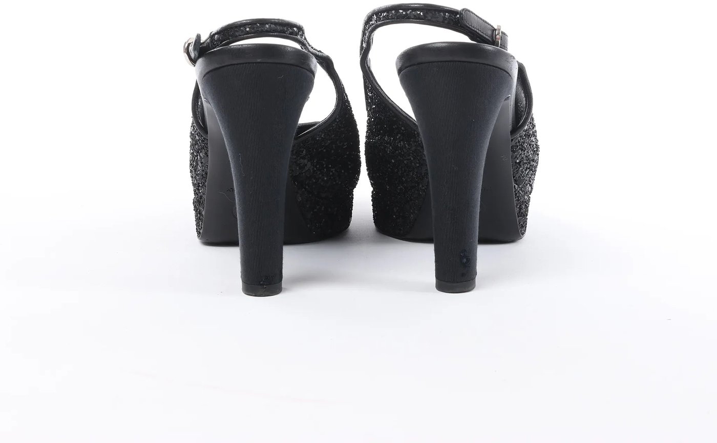 Chanel Coco Mark Leather x Glitter Heels in Black G37586, Size EU 37 C