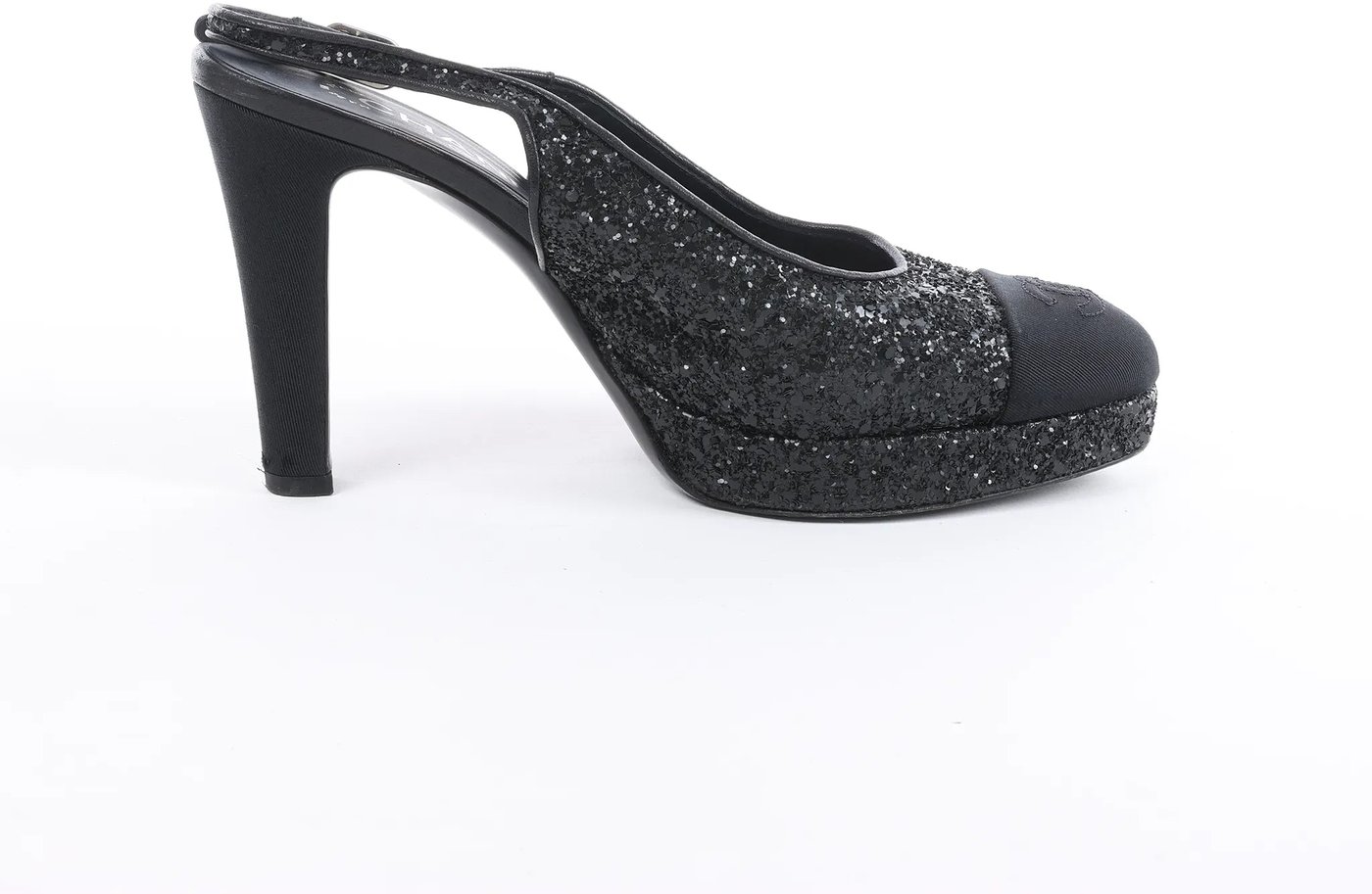 Chanel Coco Mark Leather x Glitter Heels in Black G37586, Size EU 37 C
