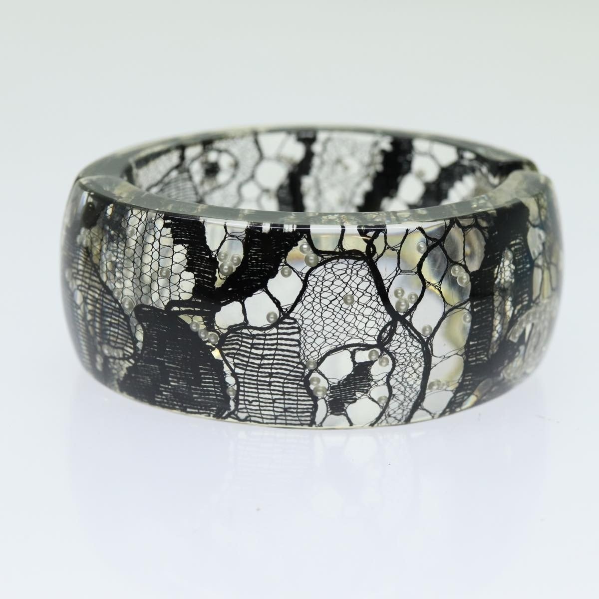 Chanel CC Hinged Bangle Resin with Lace and Faux Pearls