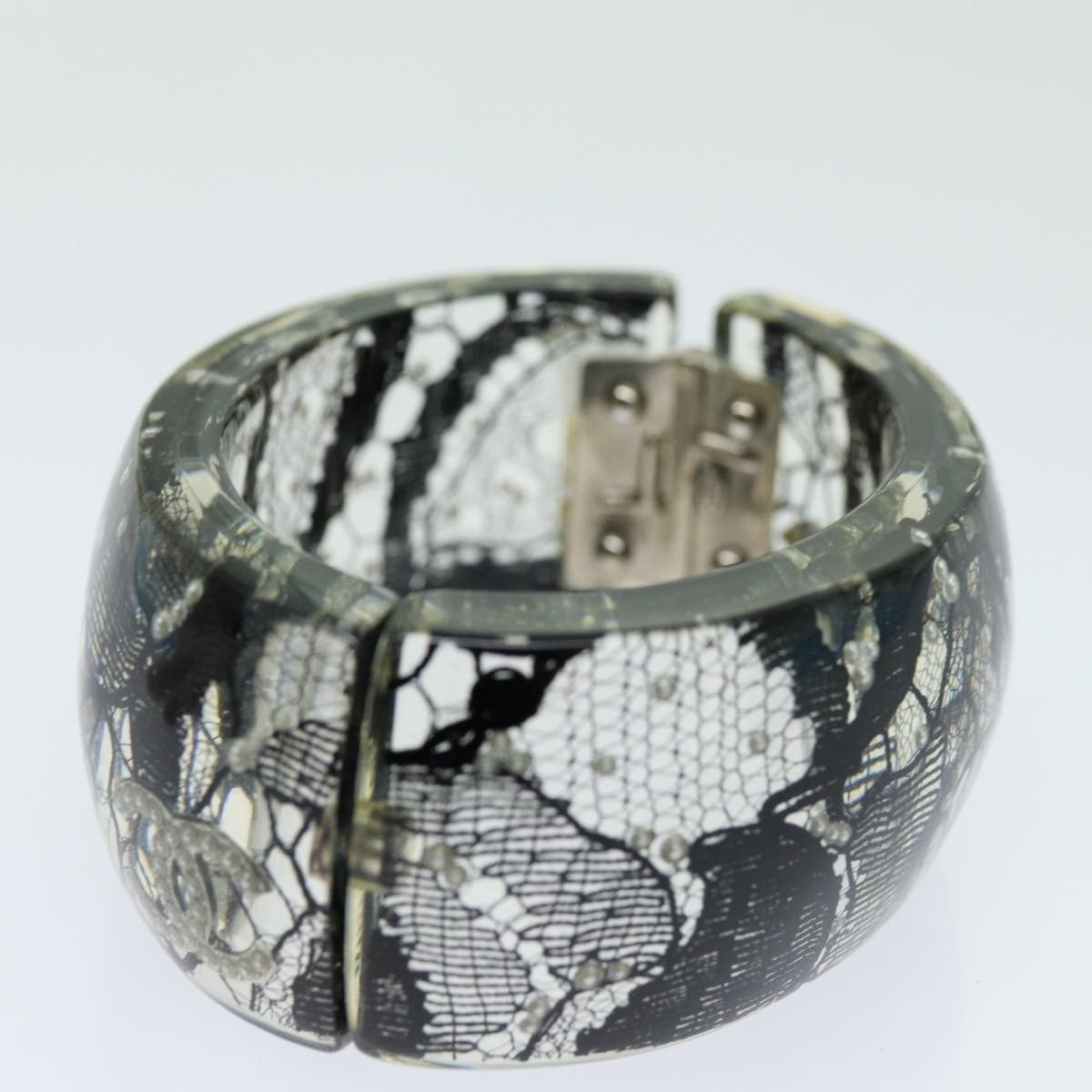 Chanel CC Hinged Bangle Resin with Lace and Faux Pearls