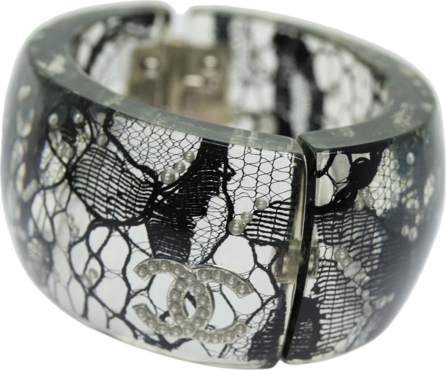 Chanel CC Hinged Bangle Resin with Lace and Faux Pearls