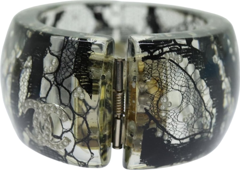 Chanel CC Hinged Bangle Resin with Lace and Faux Pearls