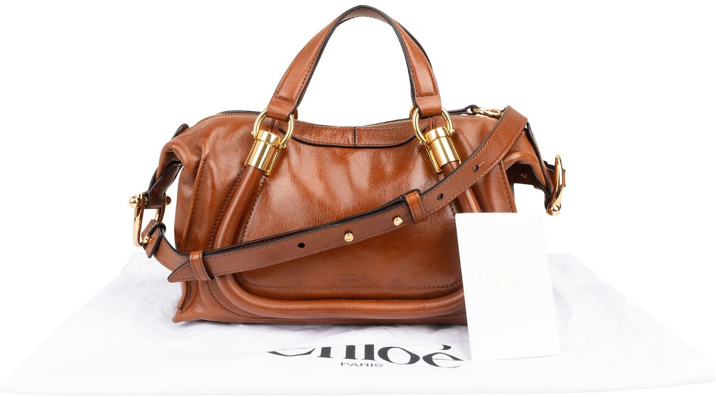 Chloé Brown Shine Calfskin Small Paraty Satchel Handbag