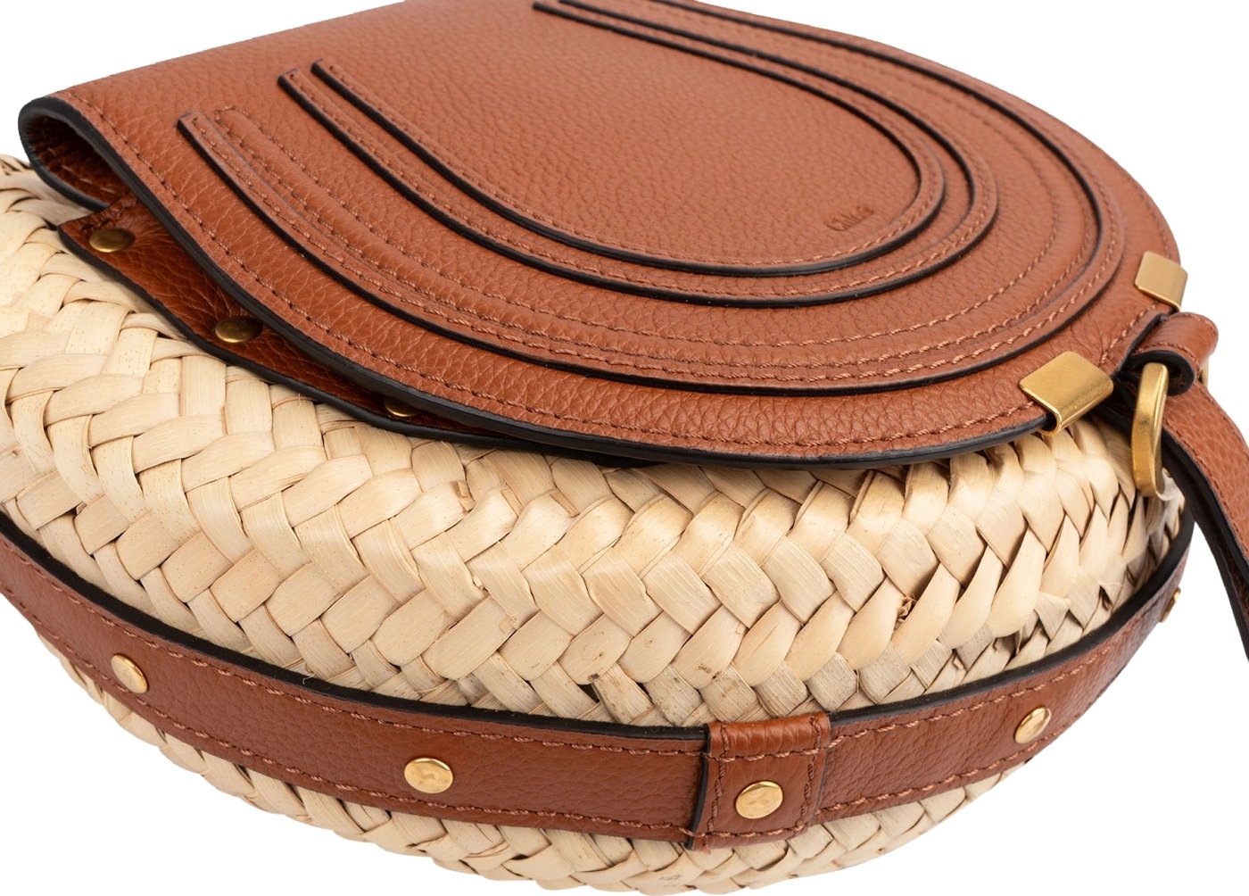 Chloé Raffia Grained Calfskin Marcie Small Round Saddle Crossbody Bag