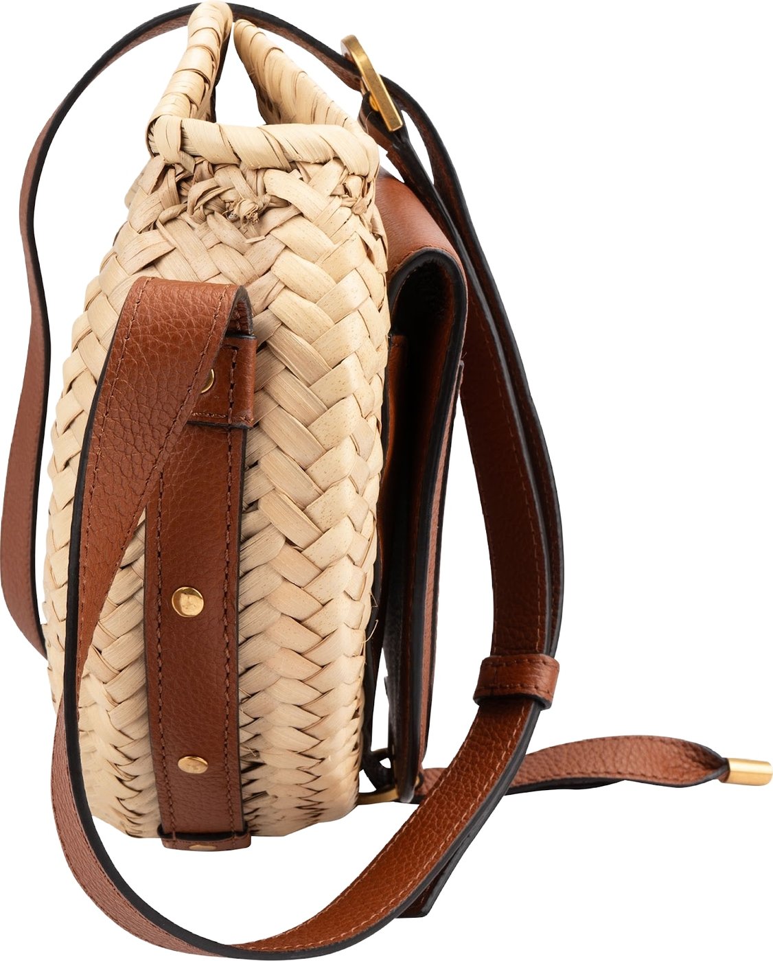 Chloé Raffia Grained Calfskin Marcie Small Round Saddle Crossbody Bag
