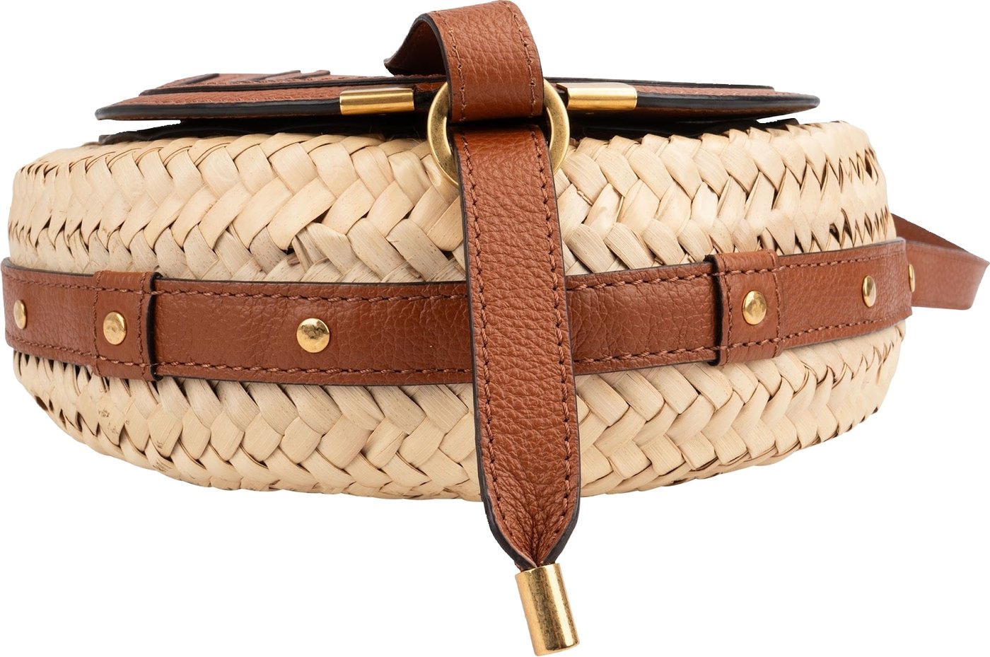 Chloé Raffia Grained Calfskin Marcie Small Round Saddle Crossbody Bag