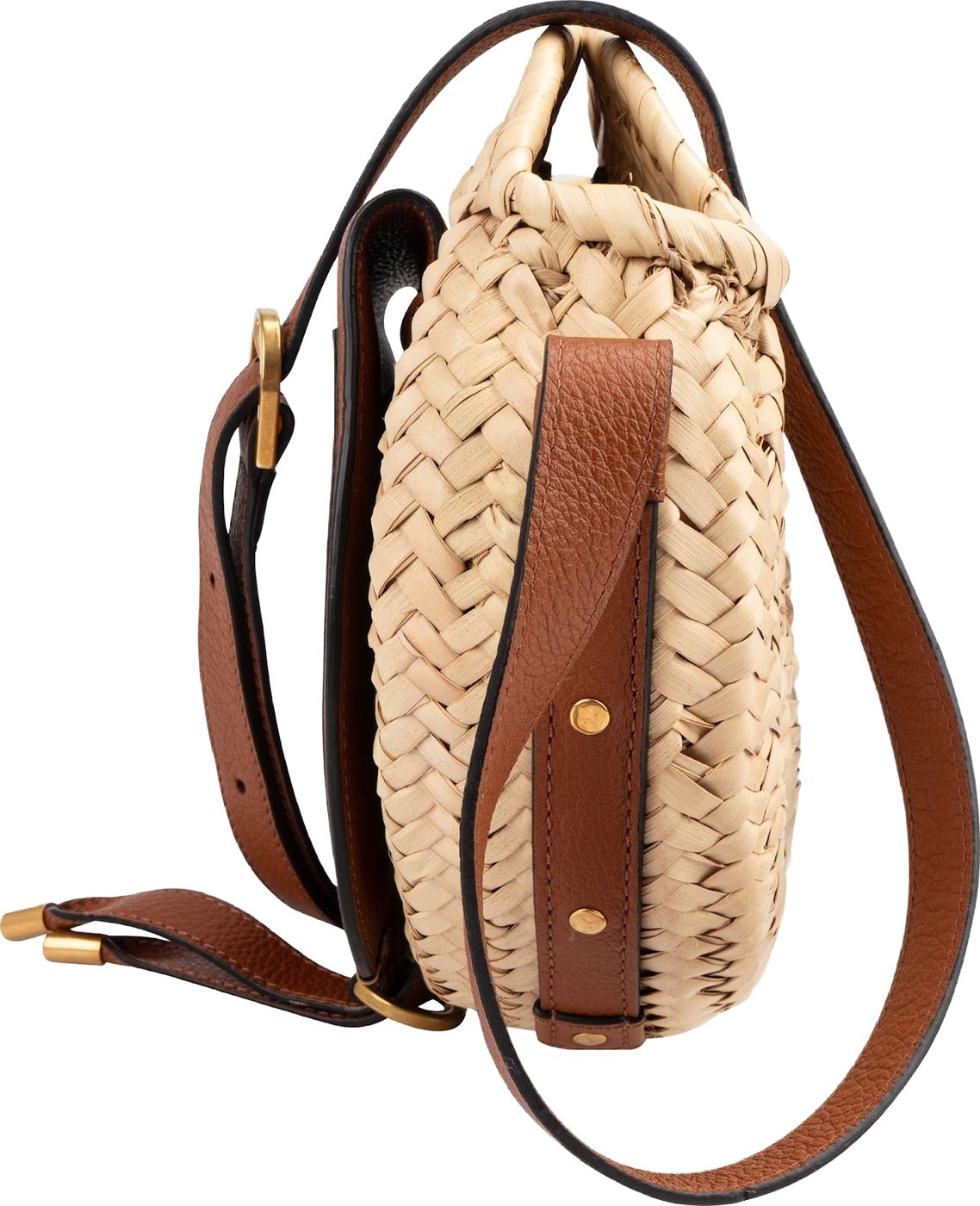 Chloé Raffia Grained Calfskin Marcie Small Round Saddle Crossbody Bag