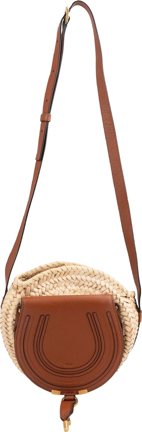 Chloé Raffia Grained Calfskin Marcie Small Round Saddle Crossbody Bag