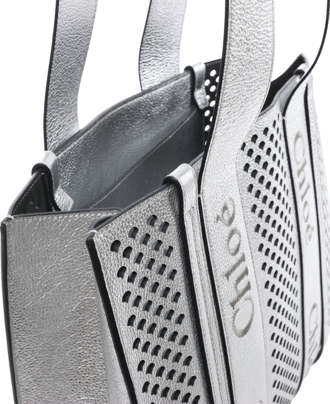 Chloe Woody Medium Leather Tote Shoulder Bag in Silver