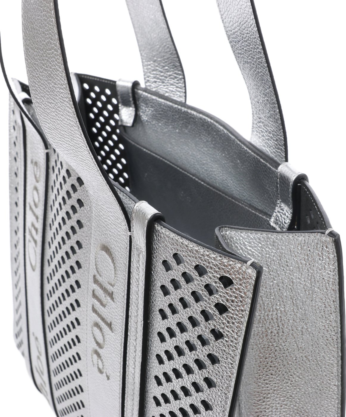 Chloe Woody Medium Leather Tote Shoulder Bag in Silver