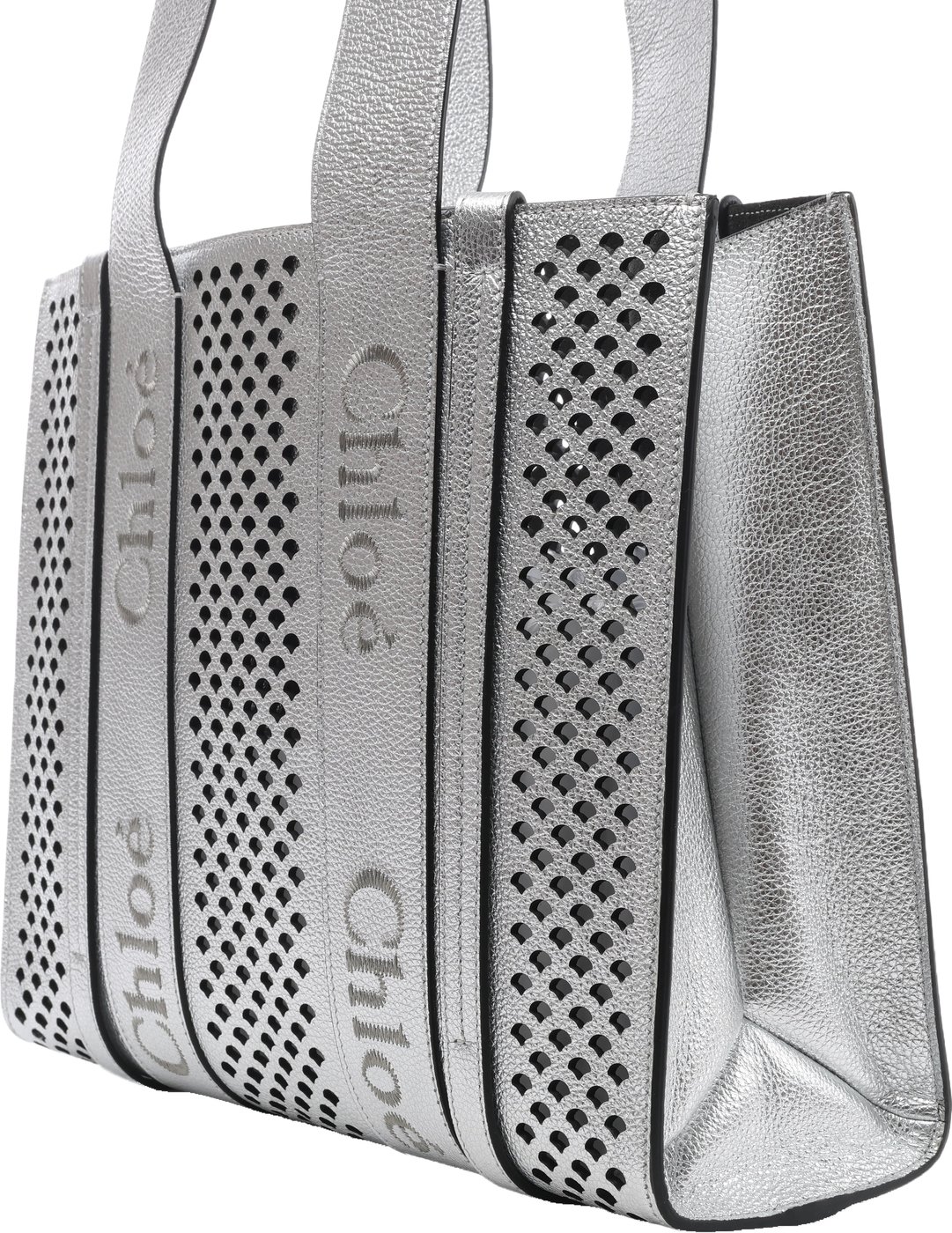 Chloe Woody Medium Leather Tote Shoulder Bag in Silver