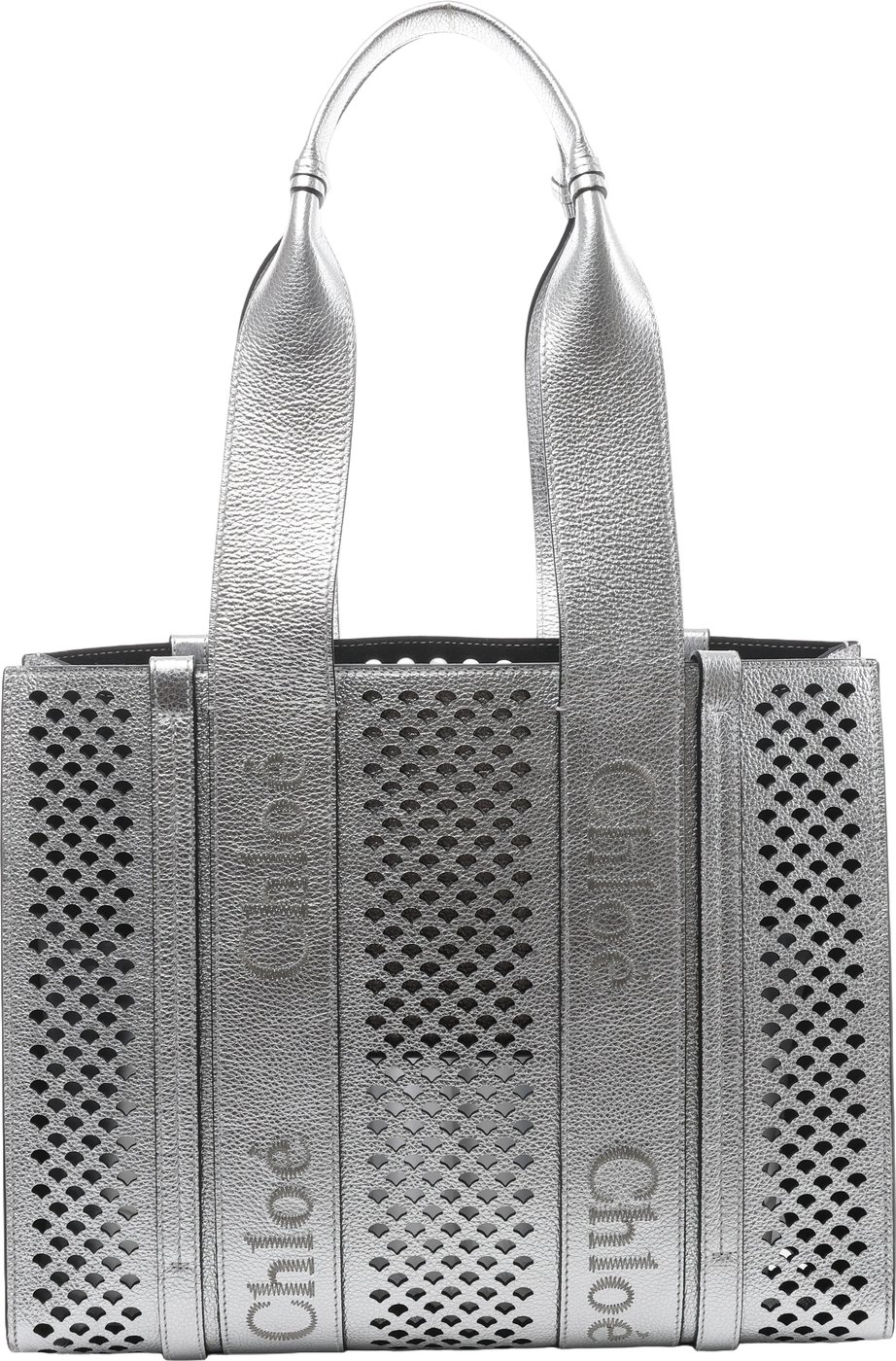 Chloe Woody Medium Leather Tote Shoulder Bag in Silver