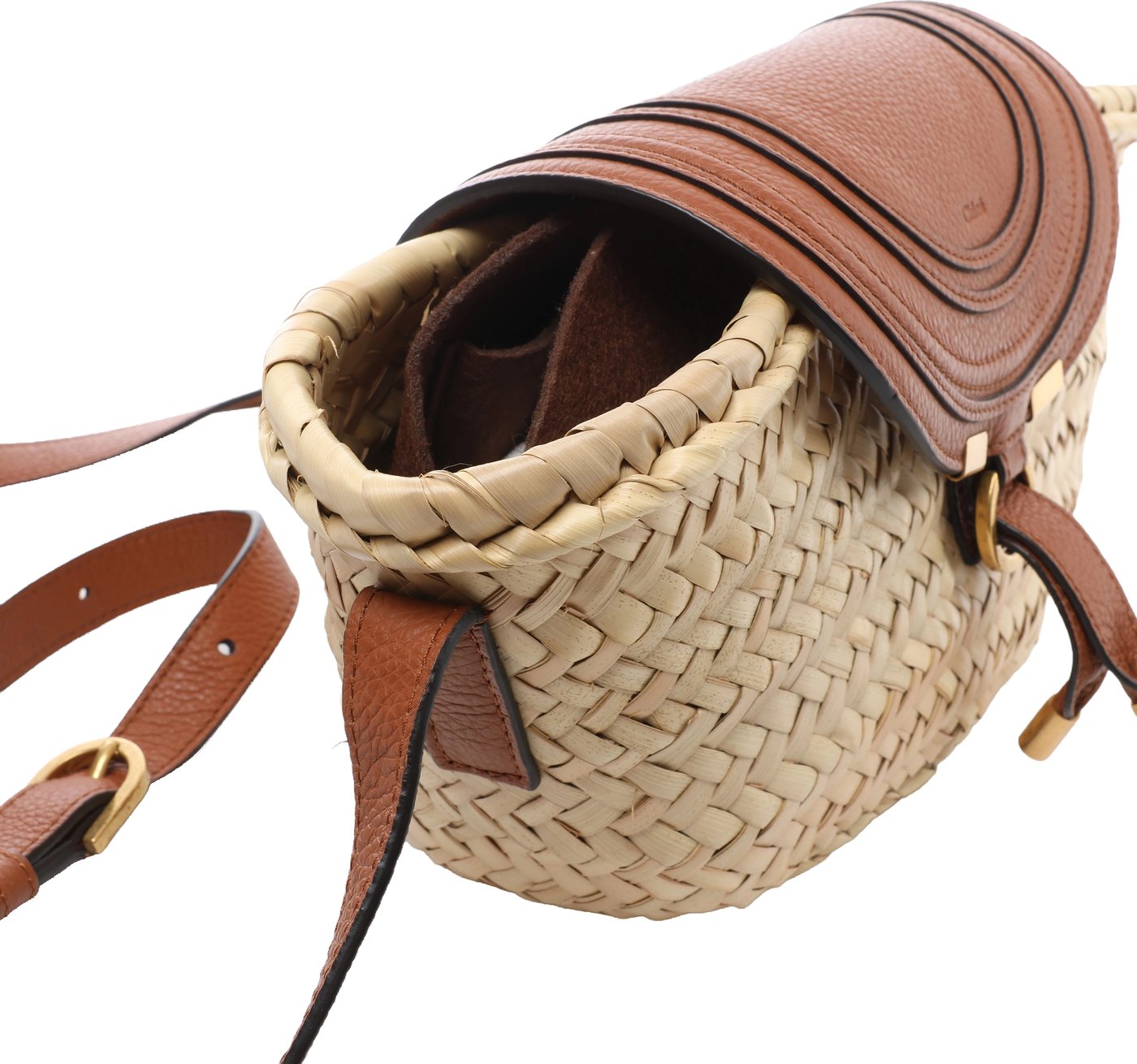 Chloe Marcie Small Raffia x Leather Crossbody Bag in Beige × Brown
