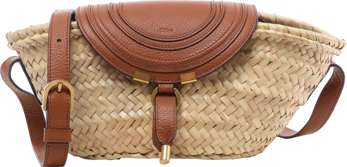 Chloe Marcie Small Raffia x Leather Crossbody Bag in Beige × Brown