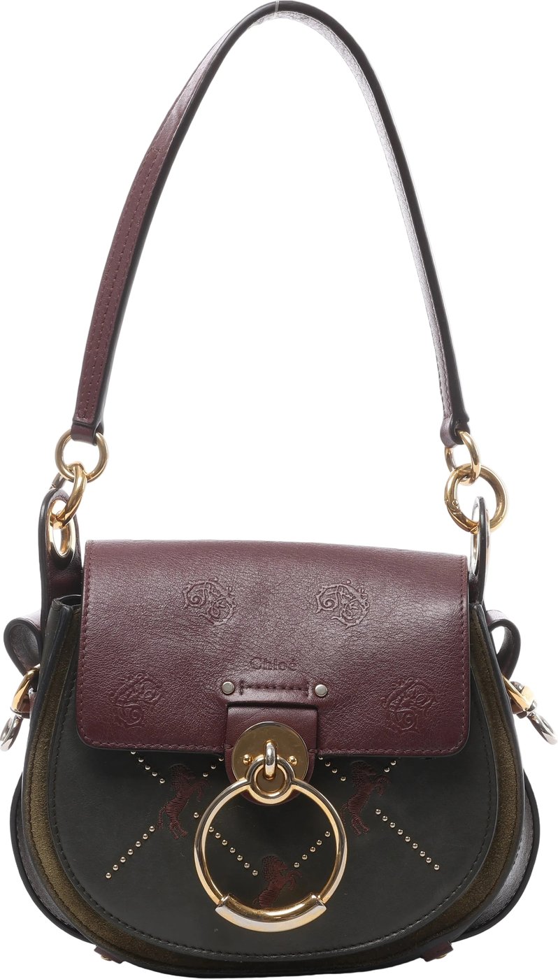 Chloe Tess Leather & Suede Shoulder bag in Green x Bordeaux