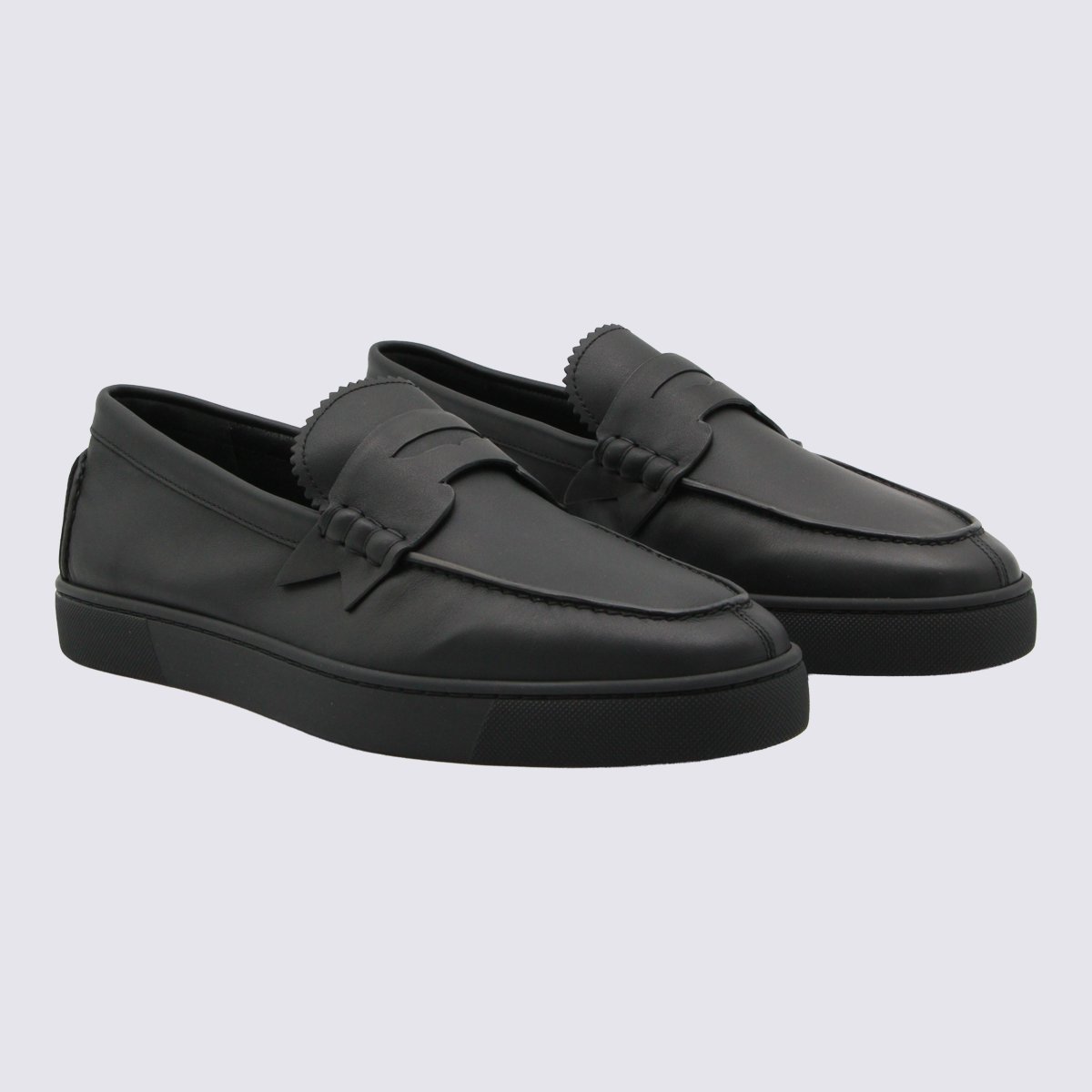 Moccasin-Style Black Leather Flat Shoes with Decorative Strap