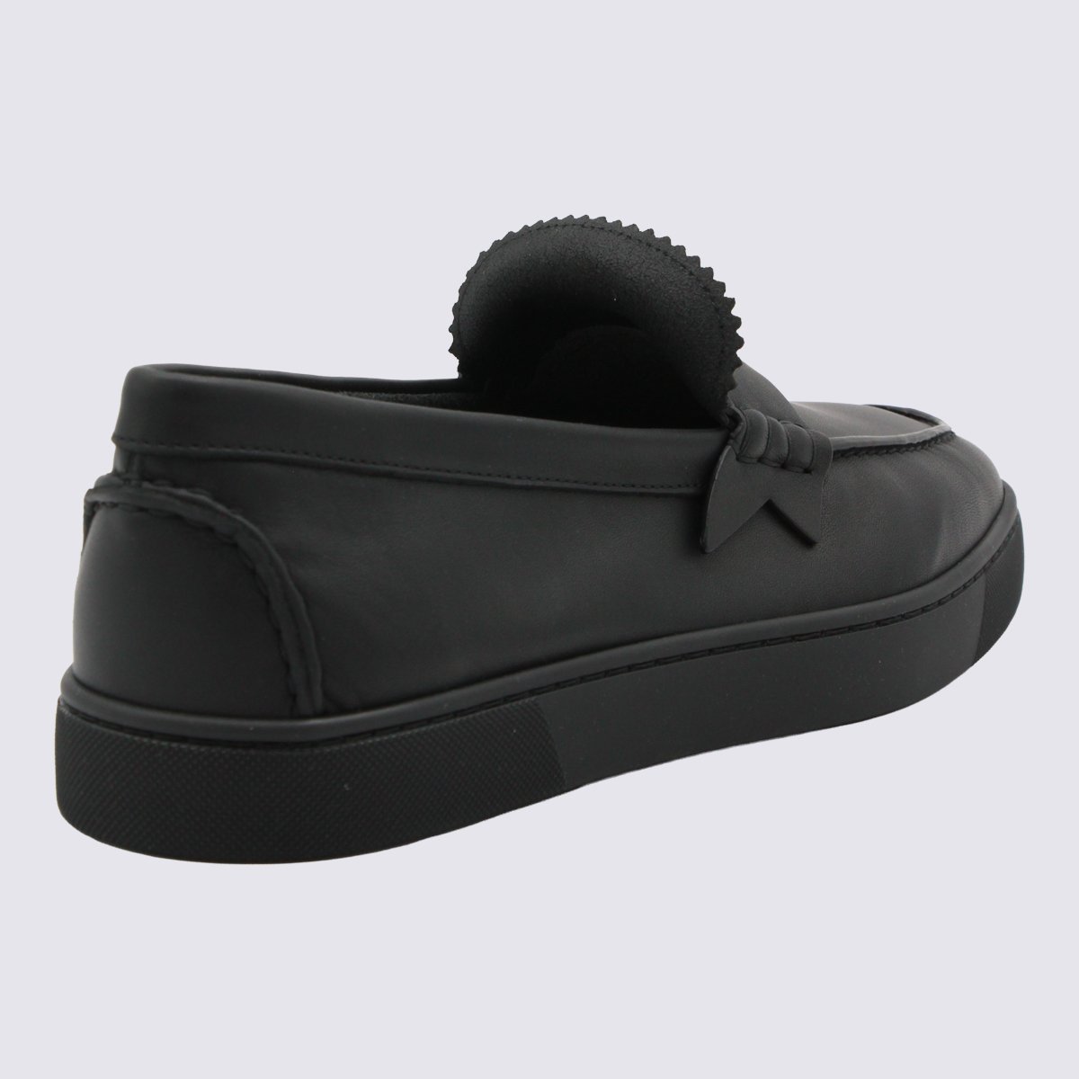Moccasin-Style Black Leather Flat Shoes with Decorative Strap