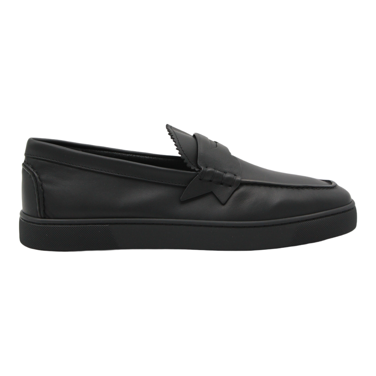 Moccasin-Style Black Leather Flat Shoes with Decorative Strap