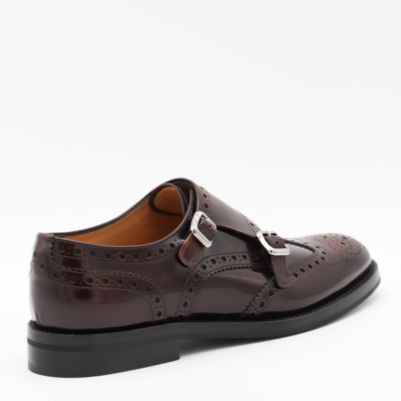 Polished Dark Brown Leather Flats with Brogue Detailing
