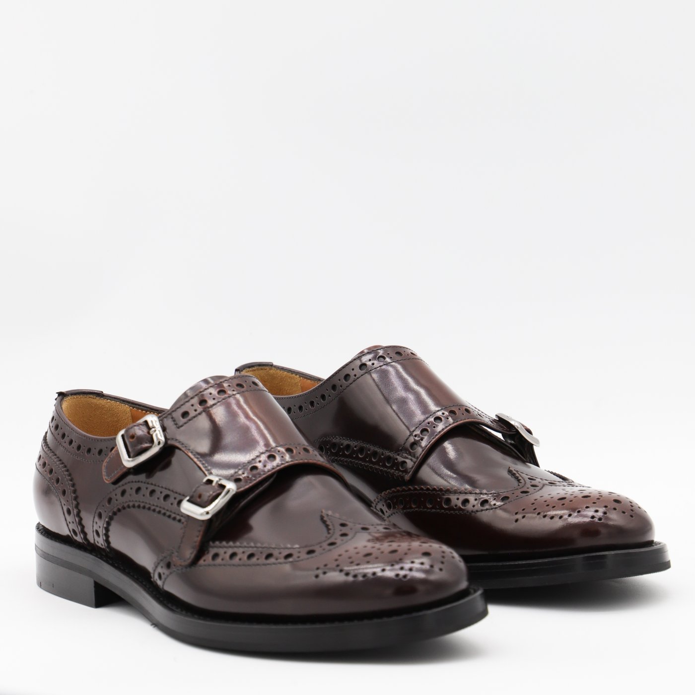 Polished Dark Brown Leather Flats with Brogue Detailing