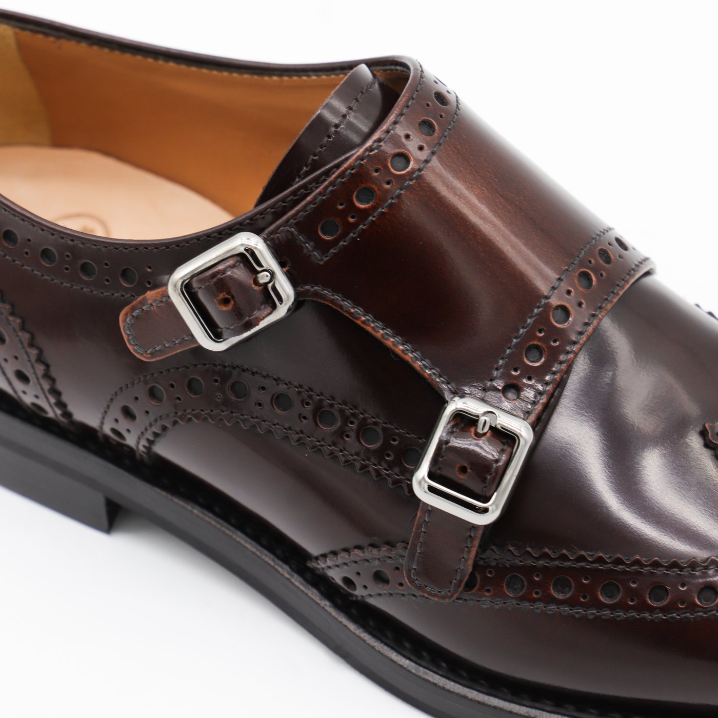 Polished Dark Brown Leather Flats with Brogue Detailing