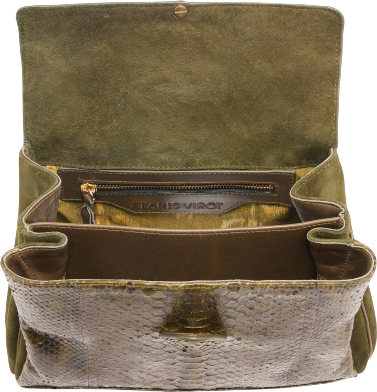 Sac à main Louise python soufflet suède kaki Claris Virot Femme 4672