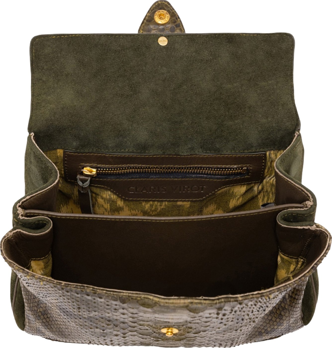 Sac à main Louise python soufflet suède kaki Claris Virot Femme 4672