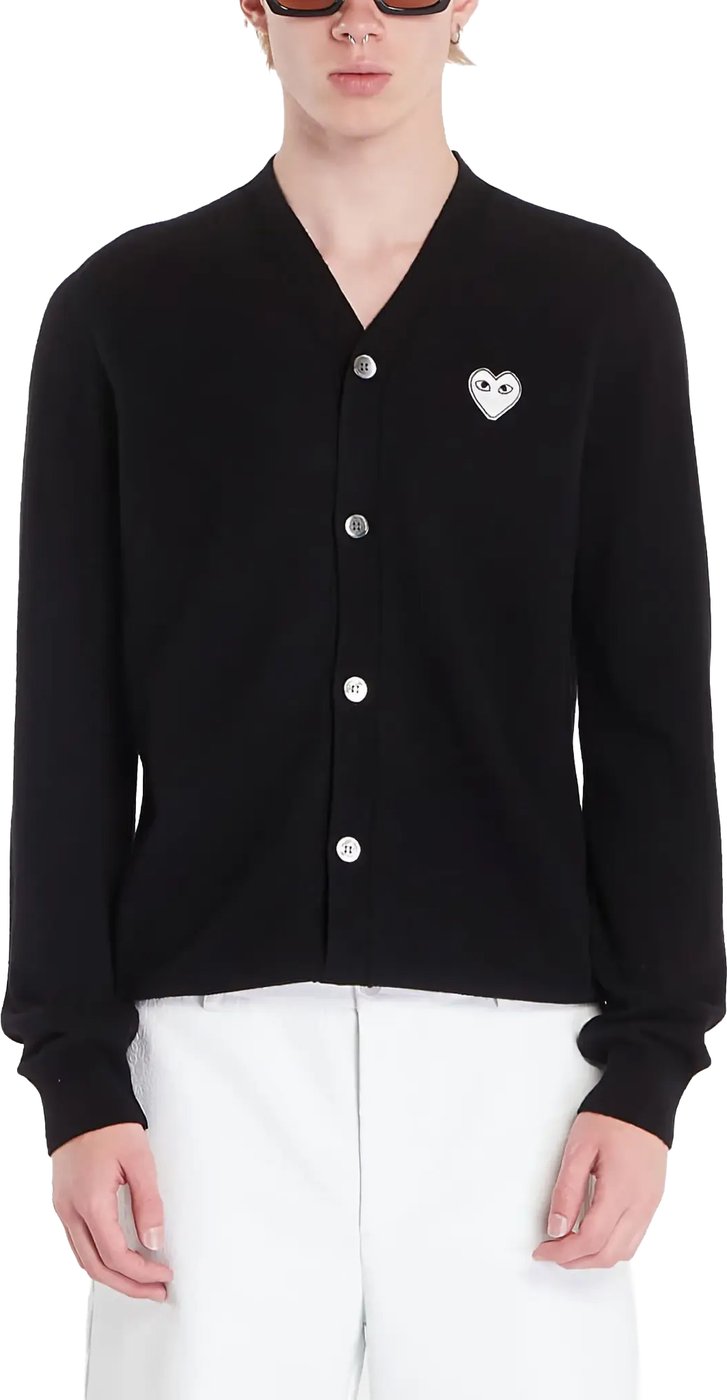 V-neck Cardigan White Emblem Black