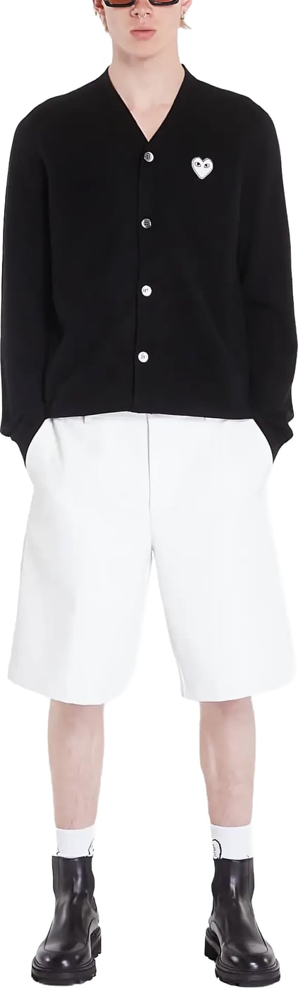 V-neck Cardigan White Emblem Black