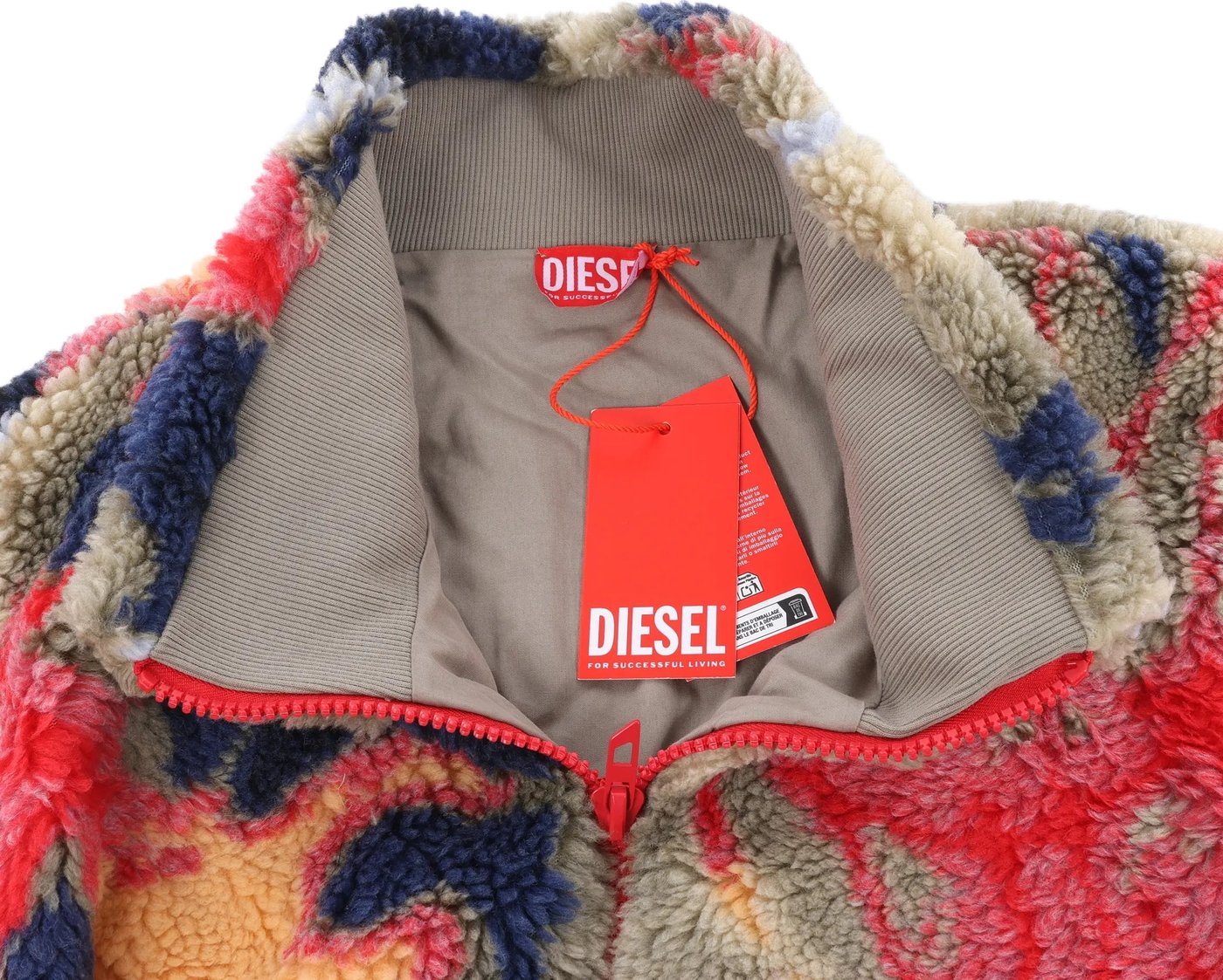 Diesel S-LUKE GIACCA Teddy-fleece Jacket with Graffiti Motif in Brown x Red, Size XXL