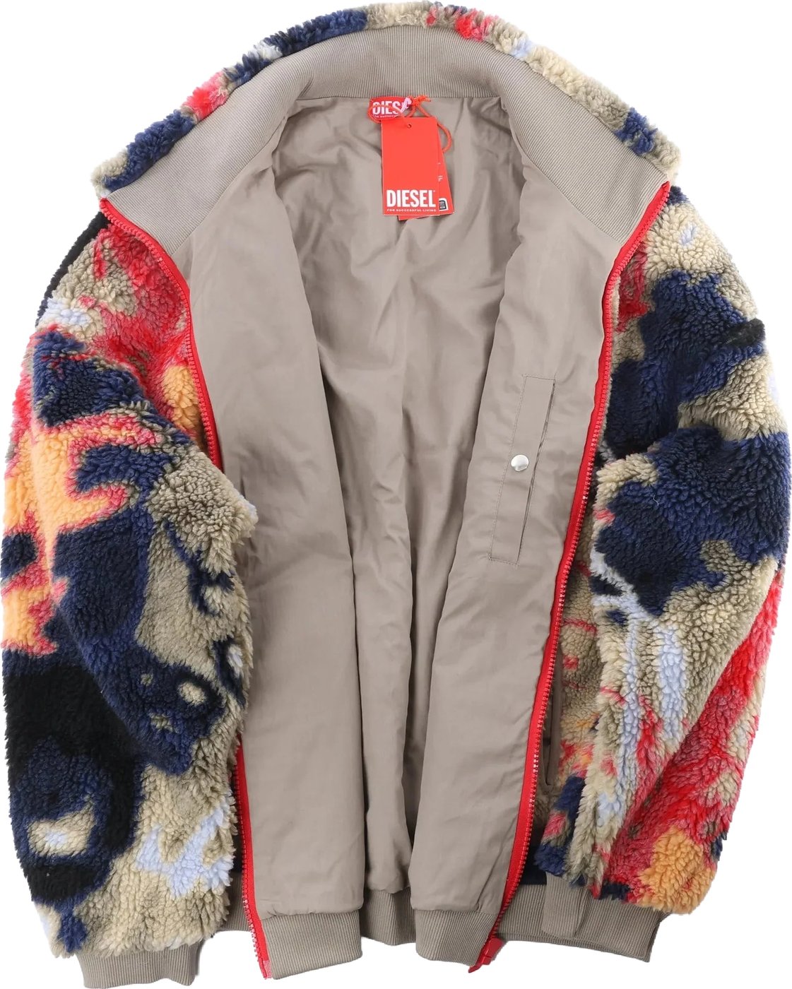 Diesel S-LUKE GIACCA Teddy-fleece Jacket with Graffiti Motif in Brown x Red, Size XXL