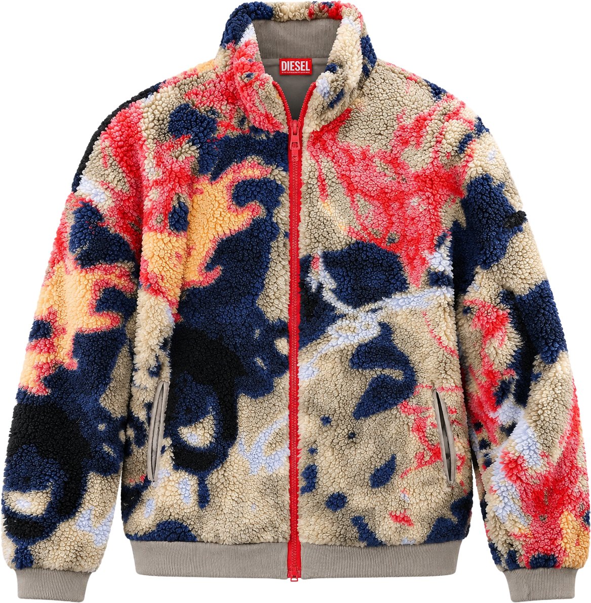 Diesel S-LUKE GIACCA Teddy-fleece Jacket with Graffiti Motif in Brown x Red, Size XXL