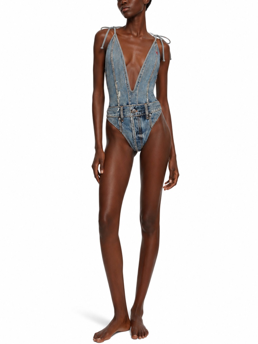 Black Effetto Denim Polyester-Blend High-Cut One-Piece Swimsuit