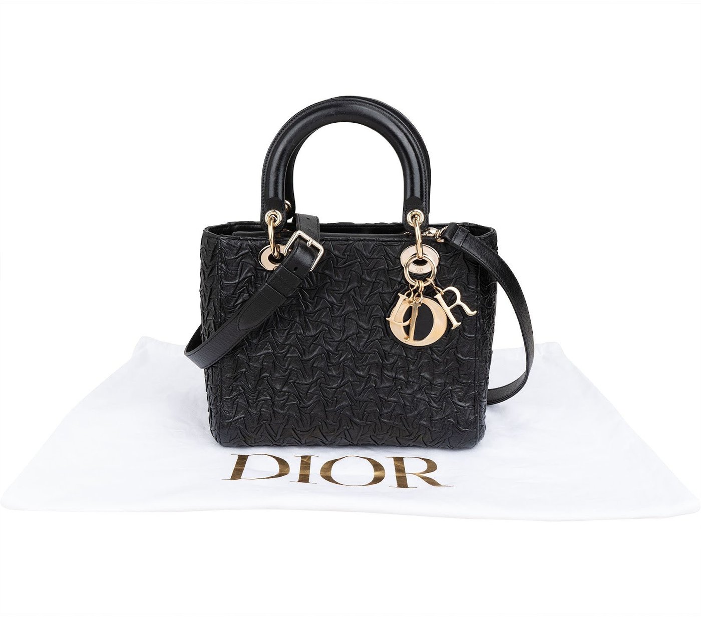 Christian Dior Black Crinkled Lambskin Small Lady Dior Handbag