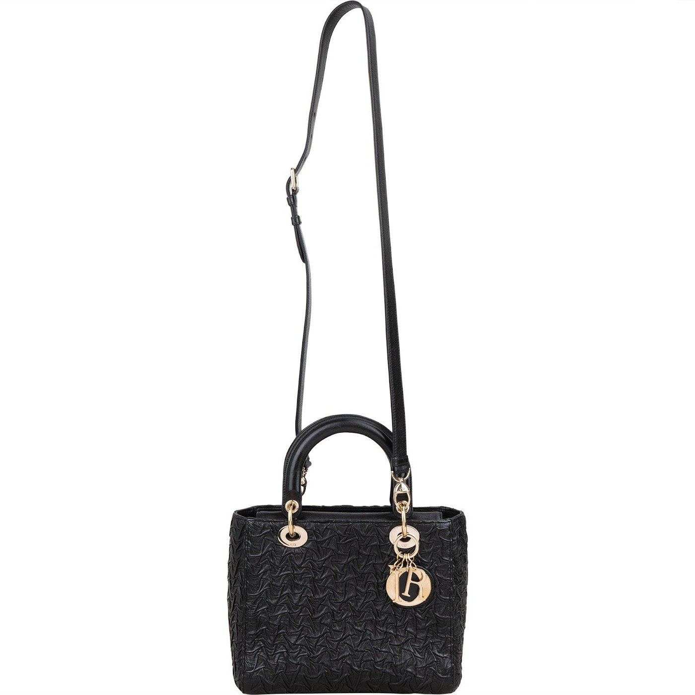 Christian Dior Black Crinkled Lambskin Small Lady Dior Handbag