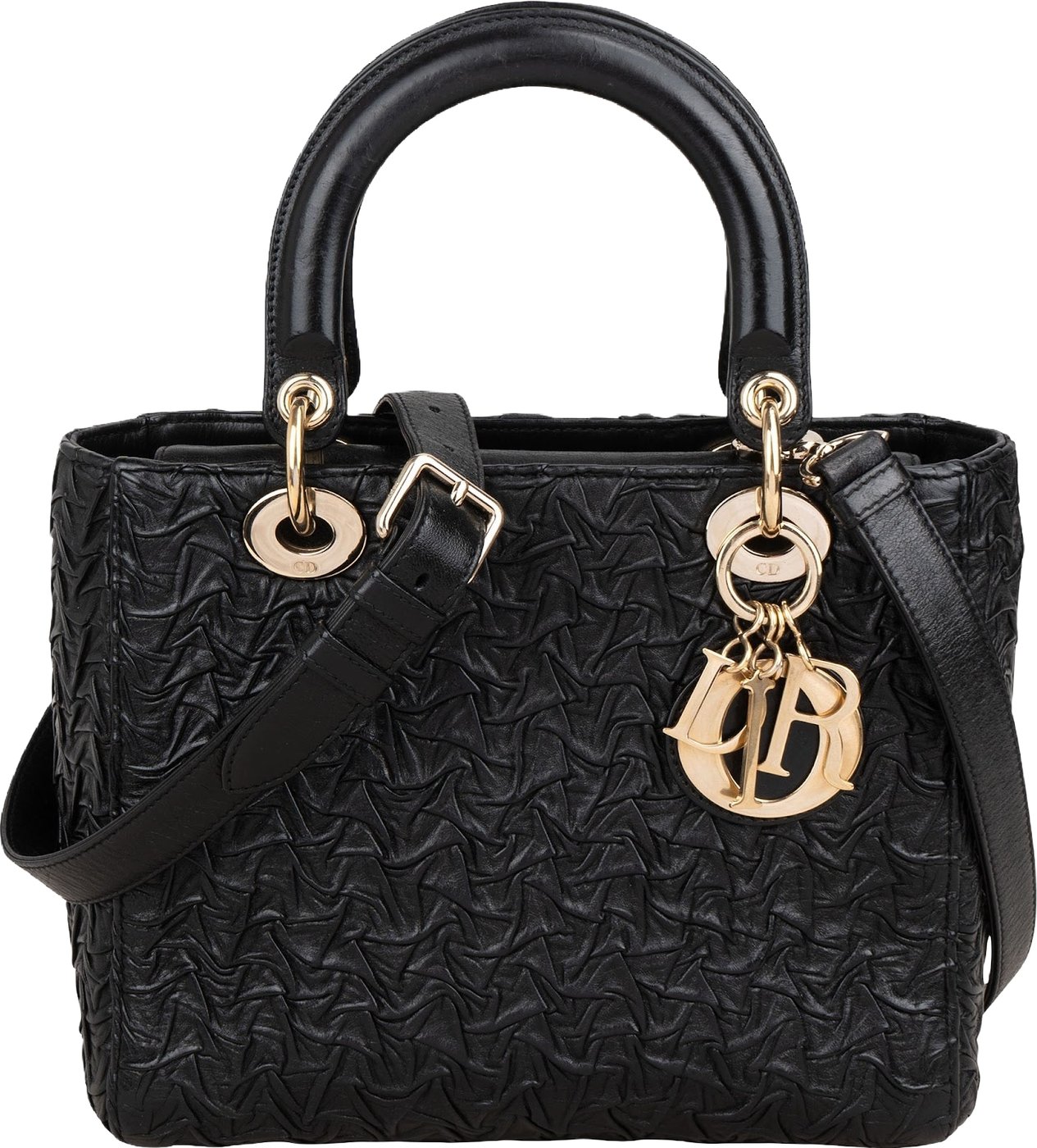 Christian Dior Black Crinkled Lambskin Small Lady Dior Handbag