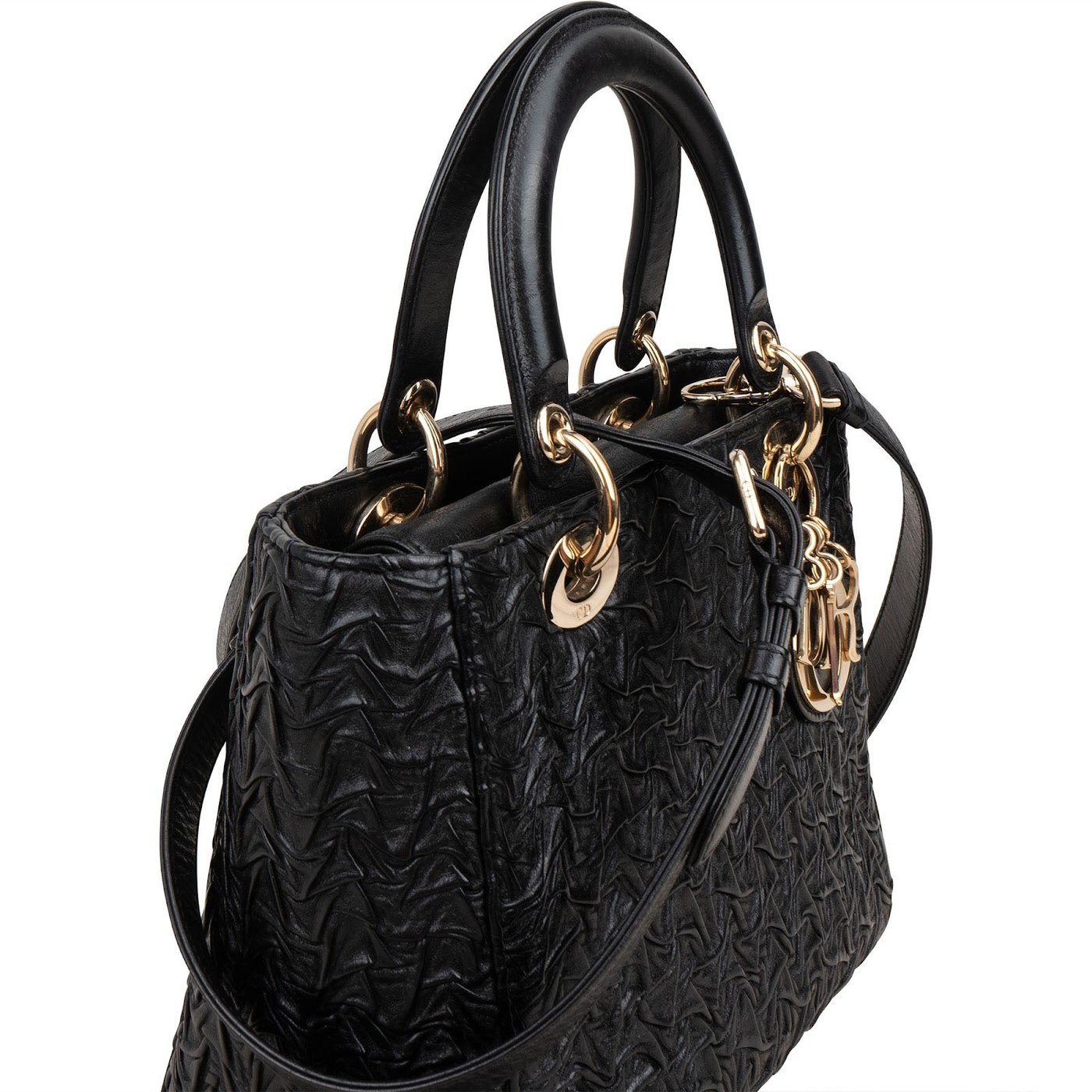 Christian Dior Black Crinkled Lambskin Small Lady Dior Handbag
