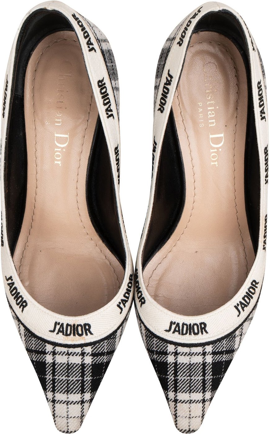 Christian Dior Black & White J'Adior Plaid Tartan Fabric Kitten Heel Pumps (34,5)