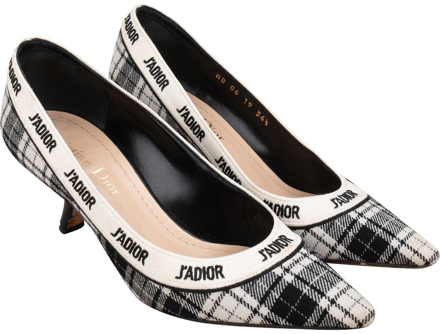 Christian Dior Black & White J'Adior Plaid Tartan Fabric Kitten Heel Pumps (34,5)