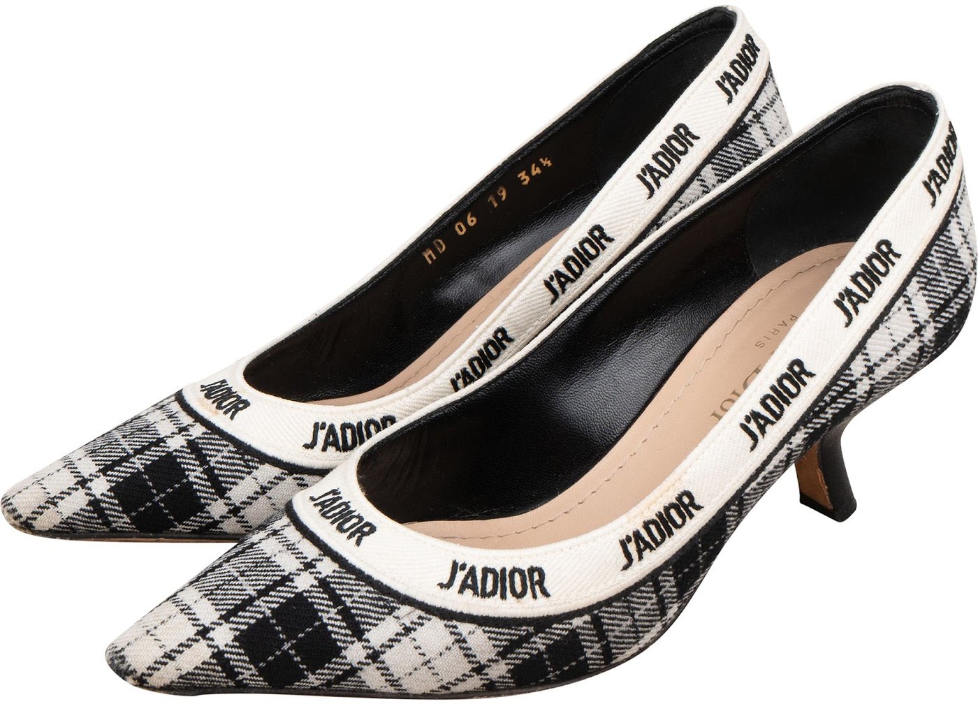 Christian Dior Black & White J'Adior Plaid Tartan Fabric Kitten Heel Pumps (34,5)