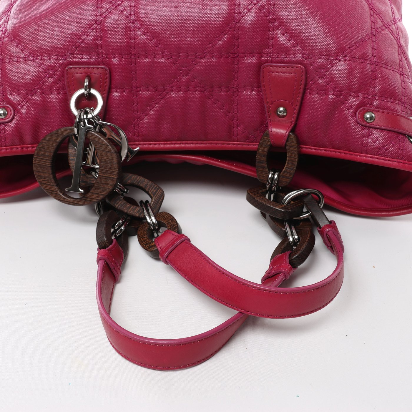 Christian Dior Panarea Cannage Coated Canvas x Leather Wood-Link Shoulder Bag in Purple