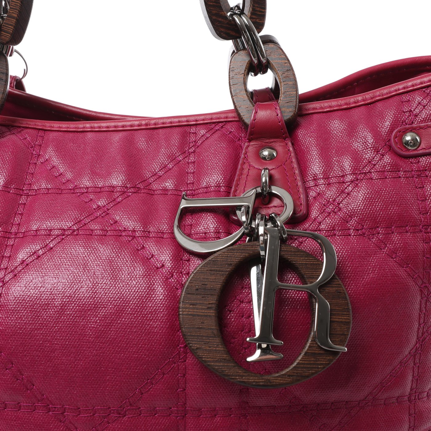 Christian Dior Panarea Cannage Coated Canvas x Leather Wood-Link Shoulder Bag in Purple