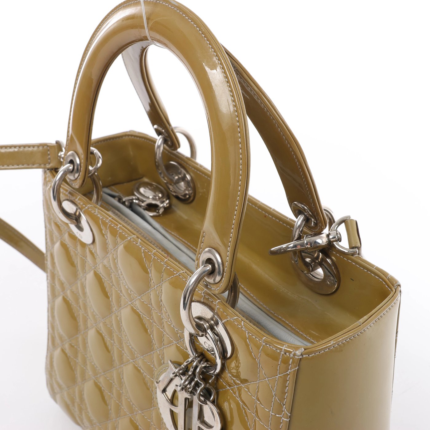 Christian Dior Lady Dior Cannage Patent Leather 2Way Handbag in Khaki