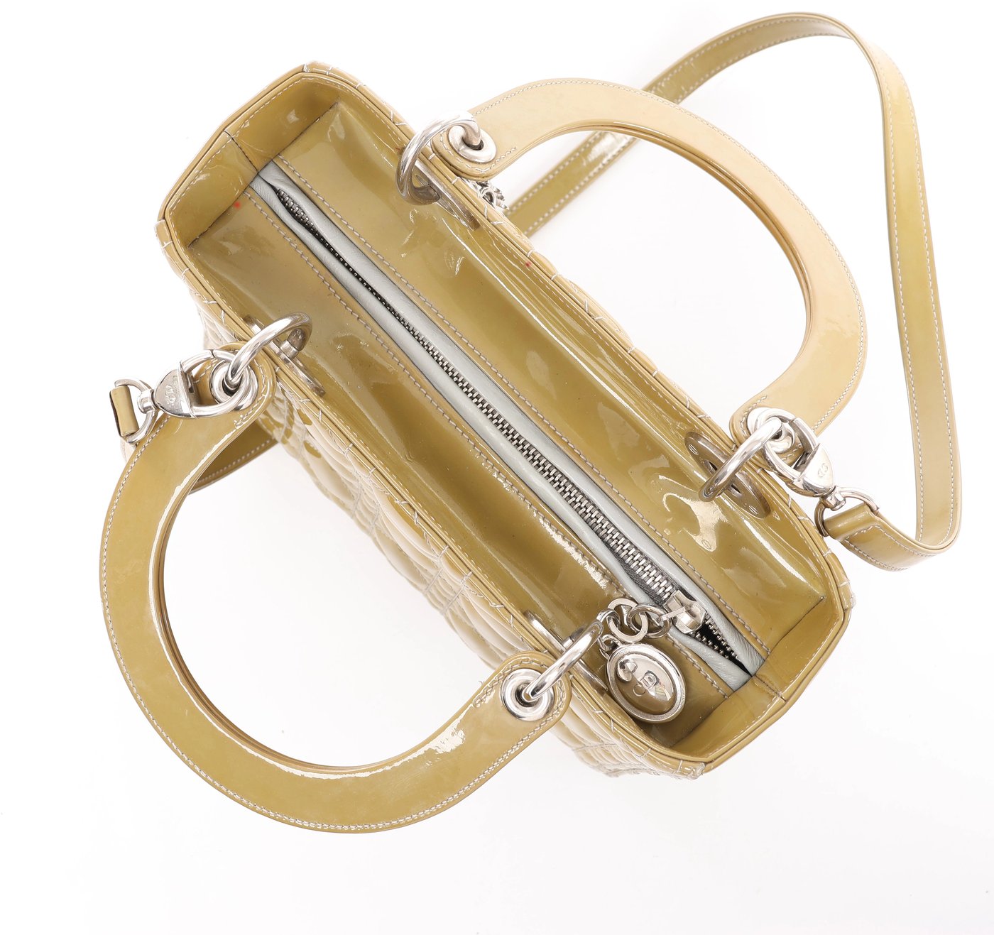 Christian Dior Lady Dior Cannage Patent Leather 2Way Handbag in Khaki
