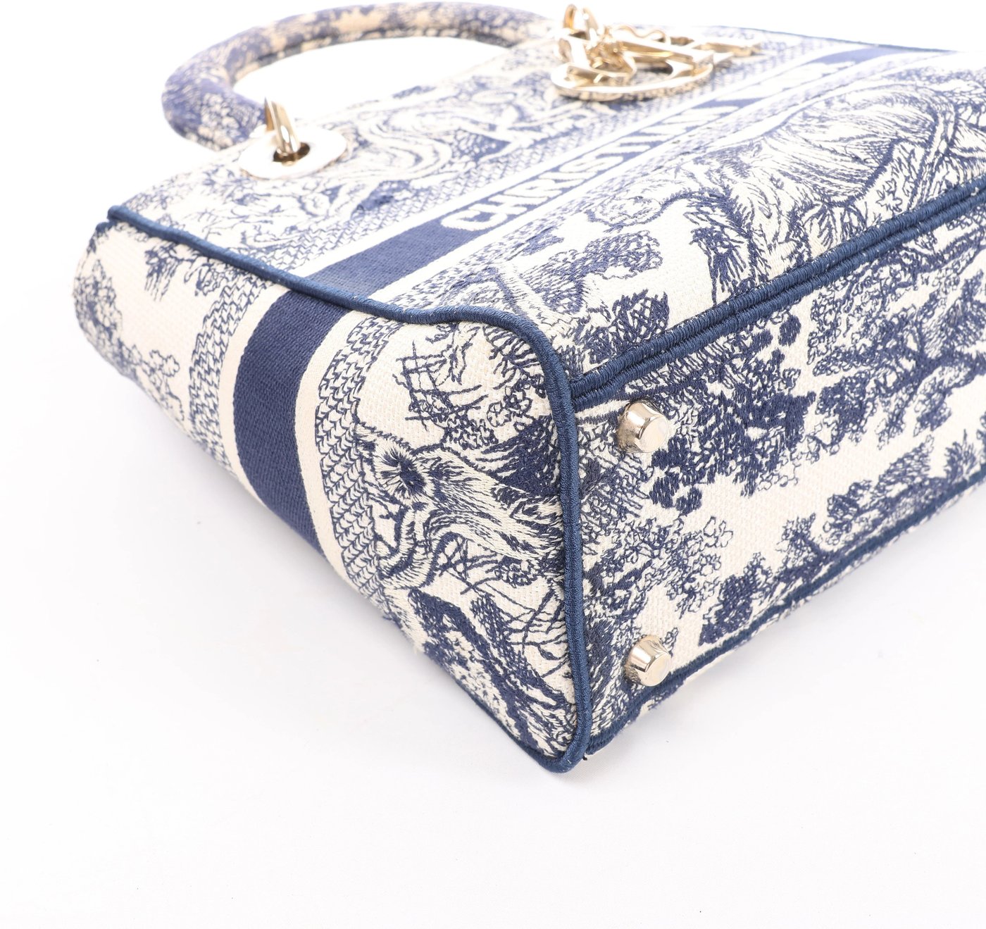 Christian Dior D-Lite Toile Doo JUY Embroidery Canvas 2Way Handbag in Beige x Navy Blue