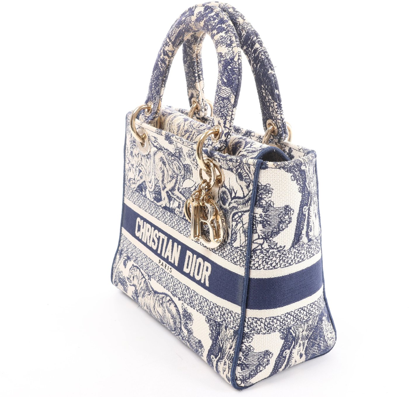 Christian Dior D-Lite Toile Doo JUY Embroidery Canvas 2Way Handbag in Beige x Navy Blue