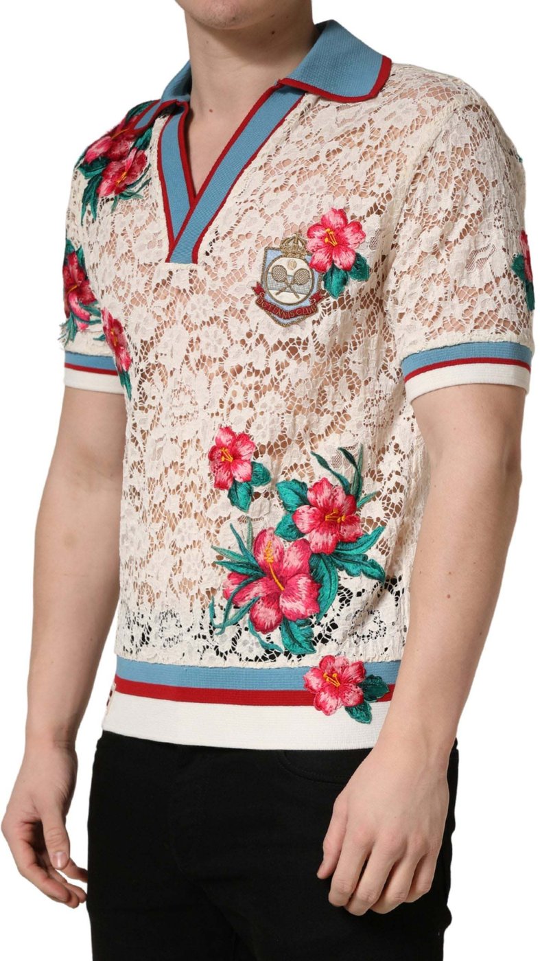 Dolce & Gabbana Beige Floral Tennis Club Lace Polo T-shirt