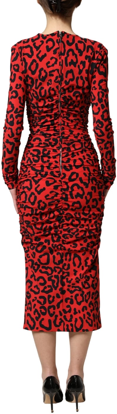 Dolce & Gabbana Red Leopard Print Long Sleeves Midi Dress